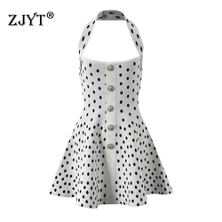 ZJYT Spring Summer Knitting Dot Mini Dress Women Elegant Halter Neck Sexy Backless Short Party Dresses Holiday Female Vestidos