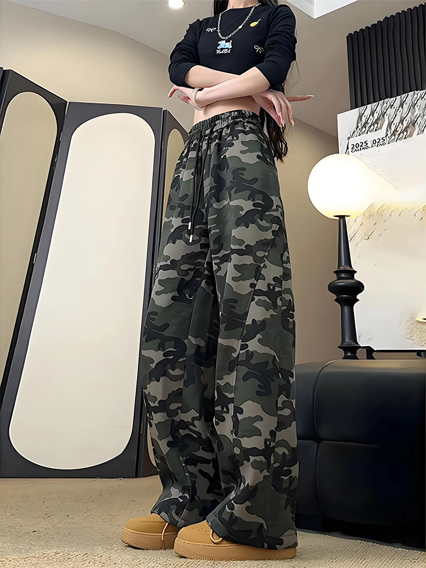 

American Sle Camouflage Fce Lined Men's Sweatpants Autumn Winter Vintage Slant Cut Knife Pants Drape Straight Sport...