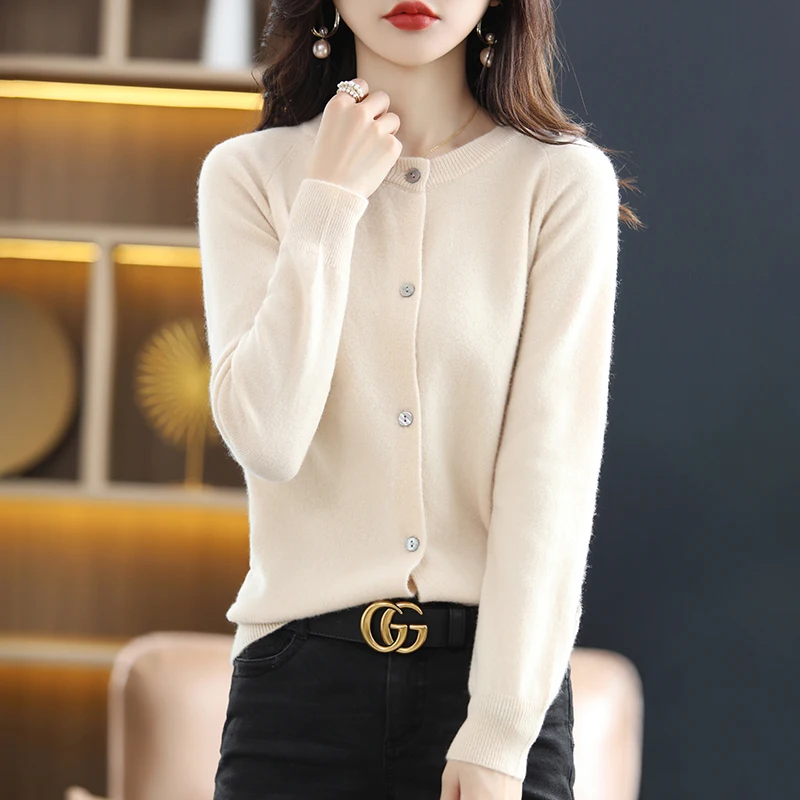 Spring And Autumn New Round Neck 100% Pure Wool Cardigan Soft Basic Korean Style Loose And Chic Knitted Versatile Sweater Coat