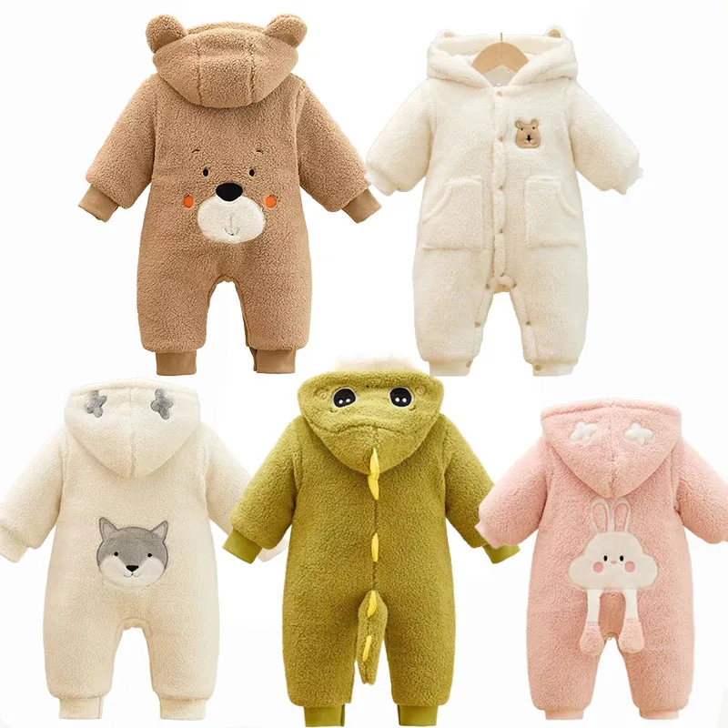 

2025 Winter Baby Thicken Jumpsuit Animal Shape Hooded Button Rompers Soft Windproof Outwear for Boys Girls 0-18M