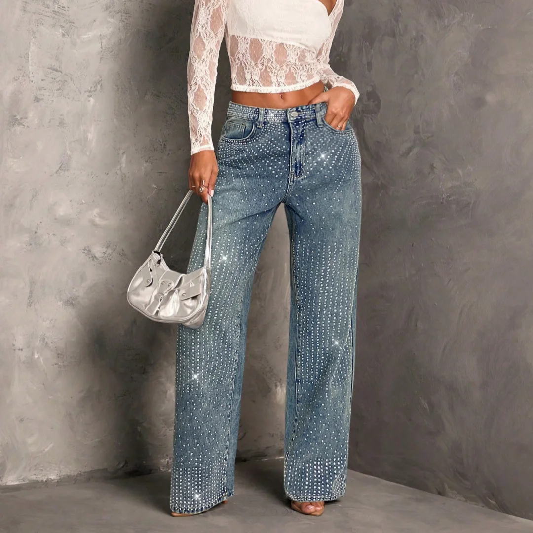 여성용 Y2K 청바지, 장식된 연청색 배기 데님 팬츠, 편안한 스트레치 일자핏 패션 바지