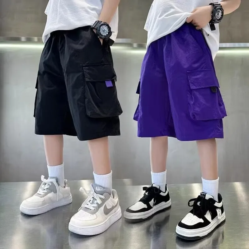 2026 Children's Purple Cargo Pants Summer Shorts Boys Casual Fashion Large Pocket Joker Comfortable Korean Boys Kids Clothes