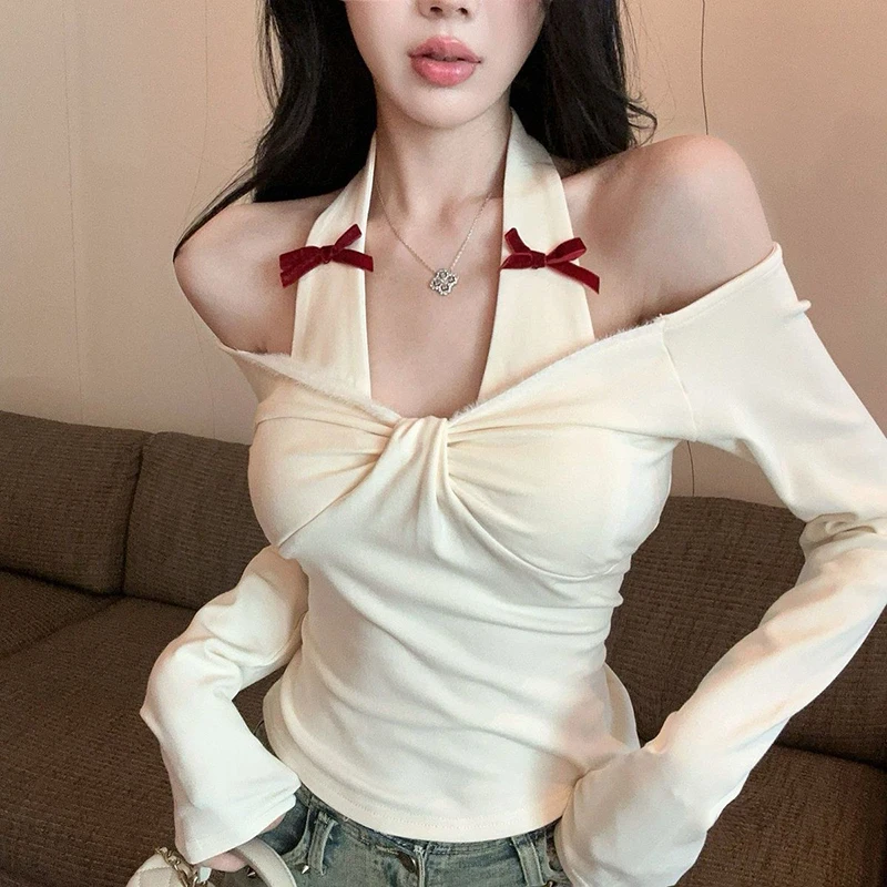 T-shirt sexy alla moda con scollo all'americana da donna manica lunga con spalle scoperte T-shirt patchwork con fiocco autunno inverno Hottie Slim Fit Chic Slash Neck Top