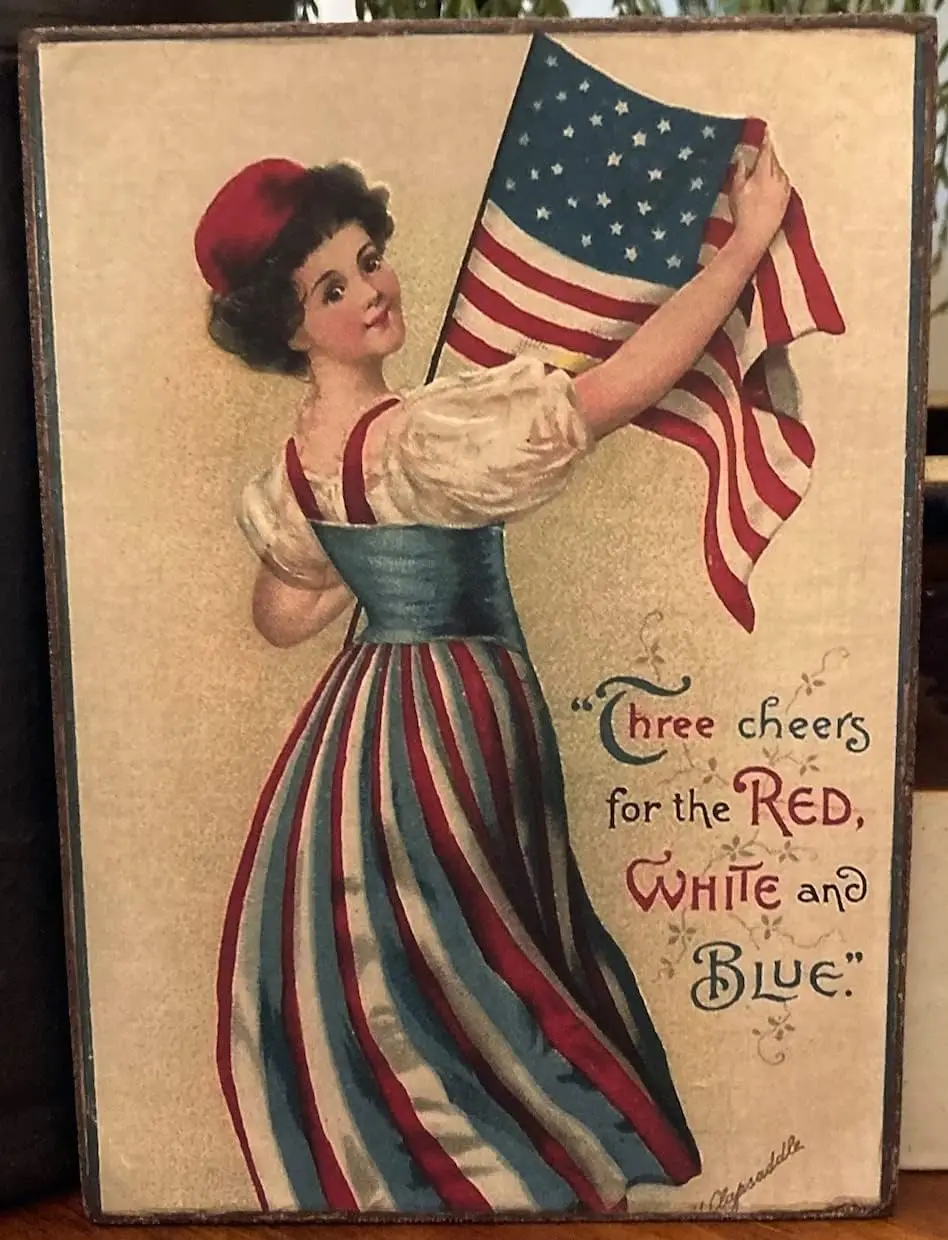 Retro Metal Tin Sign Lady Flag Independence Day Primitive Vintage 4th of July Americana Print Vintage Sign for Home Coffee Wall