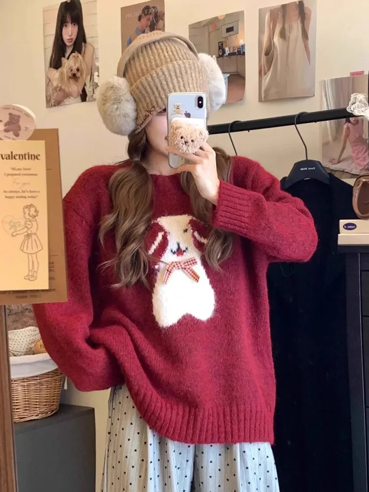 

Christmas Red Cute Cartoon Sweater Women Vintage O Neck Sweet Bow Knitted Jumper Casual Lazy Wind Female Long Sleeve Pullover