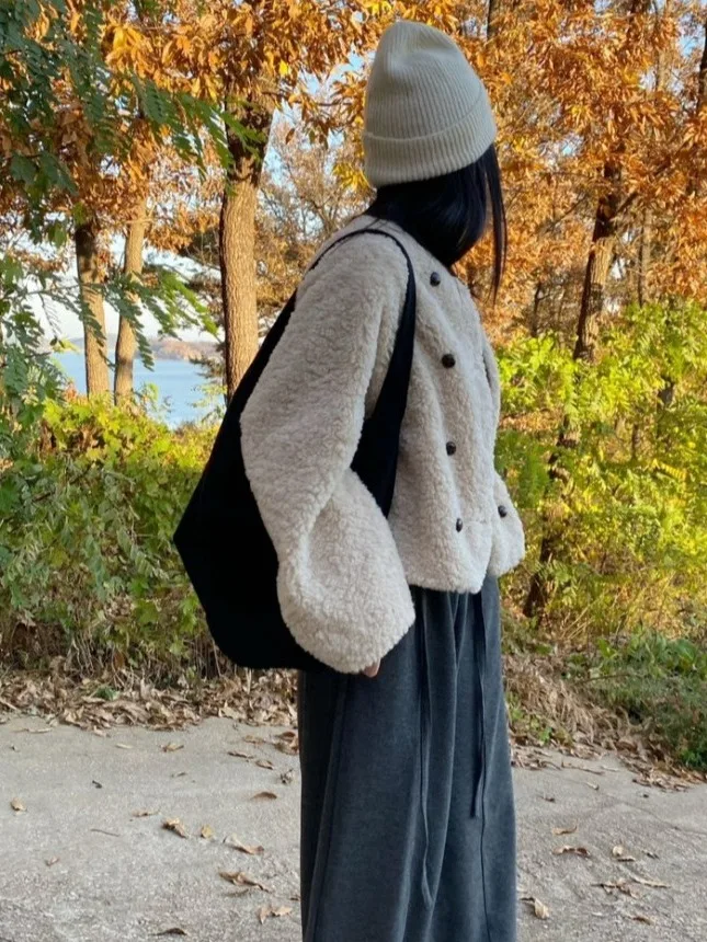 Retro Casual Zweireiher Lamm Pelz ort Mantel frauen Kleine Größe Nette Anti-Aging runde Ne Top Koreanische sle Lose Fit