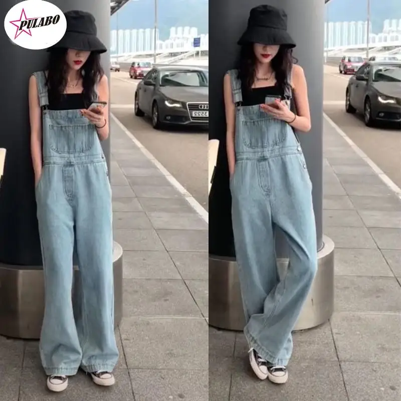 

PULABO Mopping Pants Spring Autumn y2k Model Korean-Style Loose-Fit High-Waist Wide-Leg Jeans Overall Women's Fashion Jumpsuit