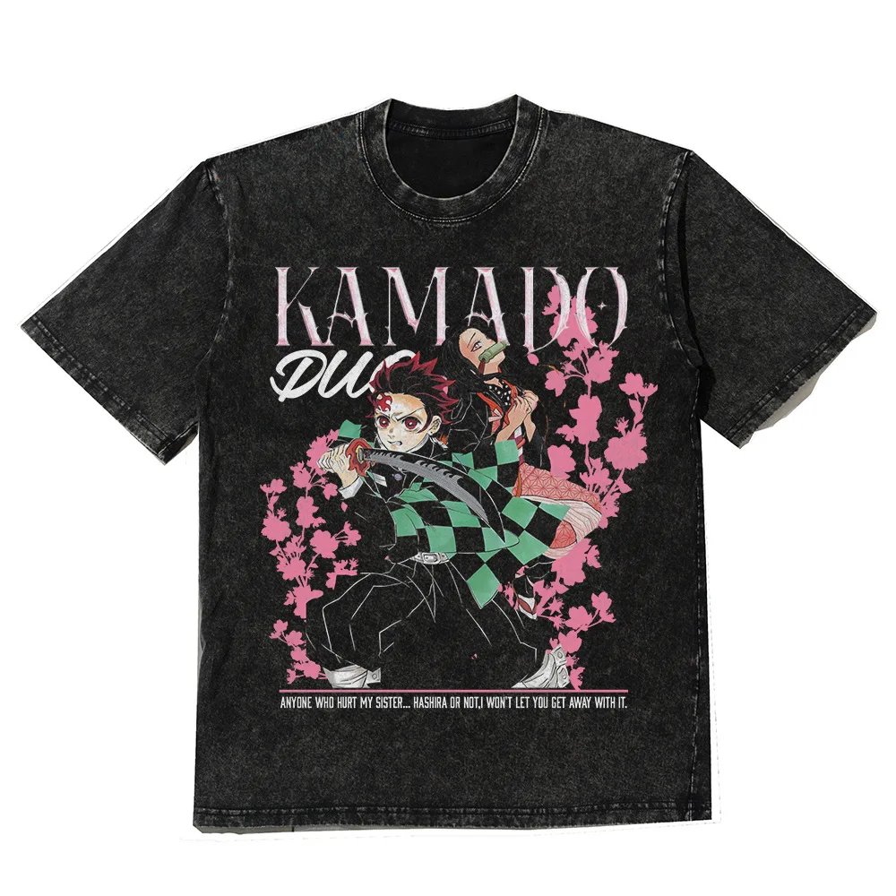 2026 Neujahr Bestseller Herren Anime Devil Killer Muster Retro Washed T-Shirt Kamado Tanjirou Bedrucktes Lässiges Street-Top