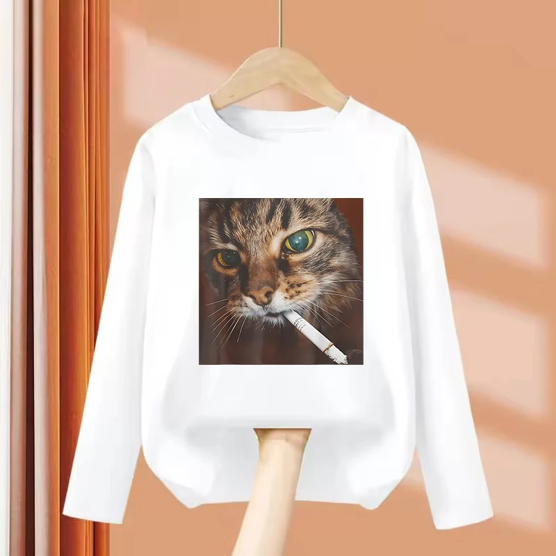 Long Sleeve Retro Smoking Cat Vintage Print T Shirts Kids Children's T-shirt Casual Boys Girls Summer Spring Casual Top Tee