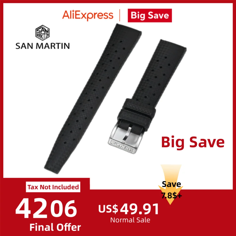 

San Martin 18mm 20mm 2 Piece Tropical Fluorine Rubber Strap Tropic FKM Watchband Straight End Steel Pin Buckle ремешок SF0010