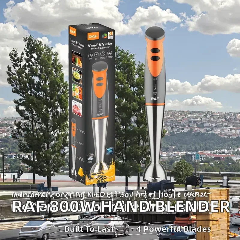 RAF Electric 800W Variable Speed Hand Blender Durable Stainless Steel 4 Blade Design Fast Start Ice Crushing BPA Free Outdoor