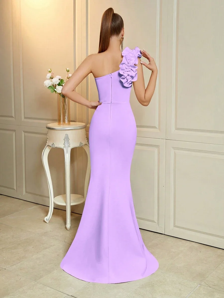 2024 One Shoulder Flower Decorated Front Slit Cocktail Party Dress فساتين للمناسبات الرسمية