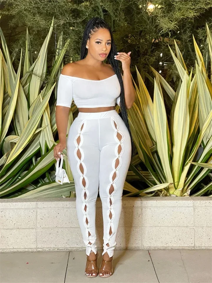 

Casual 2 Two Piece Sets Women Short Sleeve Crop Top+High Waist Hollow Out Pants Suits Black Fashion White Matching Outfits 2024