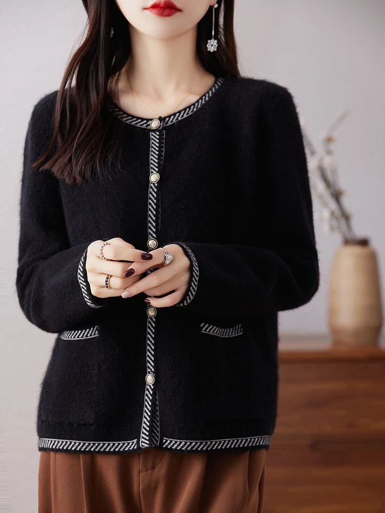 100% Merino Wool Cardigan Women\'s 2023 Autumn/Winter New Round Neck Korean Knitted Coat Sweater Loose Large Size Cashmere Jacket