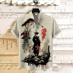 Creative fashion print summer men's stand collar shirt bamboo hemp casual large size Hawaiian beach comfortable men's shirt