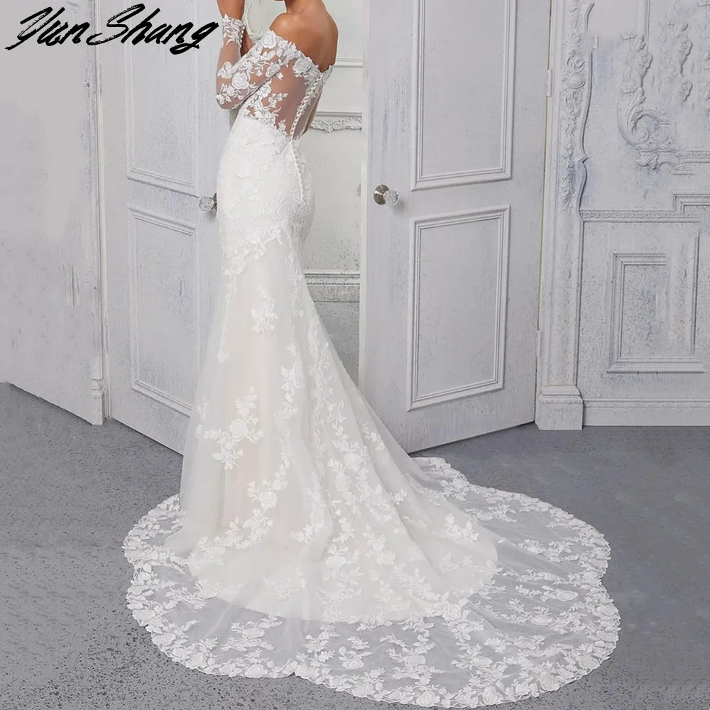 YunShang abiti da sposa con spalle scoperte scollo a v Tulle pizzo Appliques sirena abiti da sposa bottone cerniera treno abiti De Noiva