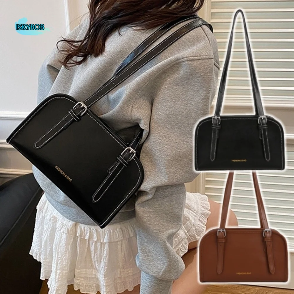 

Trendy Korean Style Boston Bag Underarm Simple Single Shoulder Bag Large Capacity Vintage PU Leather Handbag Unisex