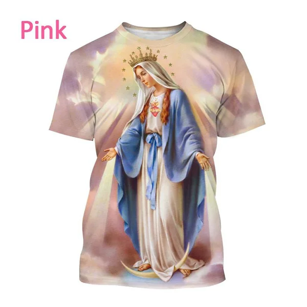 2023 New Blessed Virgin Mary 3D Printed Men's Short Sleeve T-Shirt Fashion Casual Christian Faith Goddess Christmas Gift