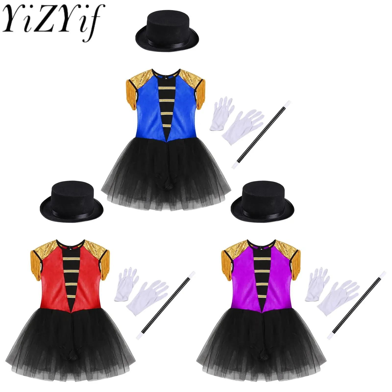 

Girls Circus Ringmaster Magician Costume Long Sleeve Sequin Leotard Tutu Dress Halloween Lion Tamer Theme Party Cosplay Set