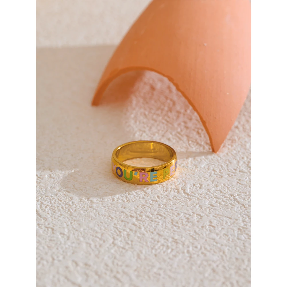 Yhpup 6789# Stainless Steel “You‘Re Perfect” Confident Fashion Ring for Women 18K Gold PVD Plated Minimalist Finger Jewelry Gift