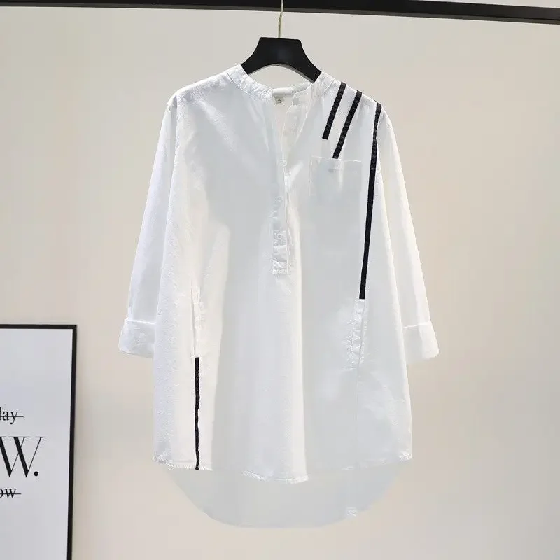 

Stand-up Collar Cotton Shirt for Women's Korean Spring Summer Fresh Literary Style Color-blocking Striped Loose Shirt Women Tops