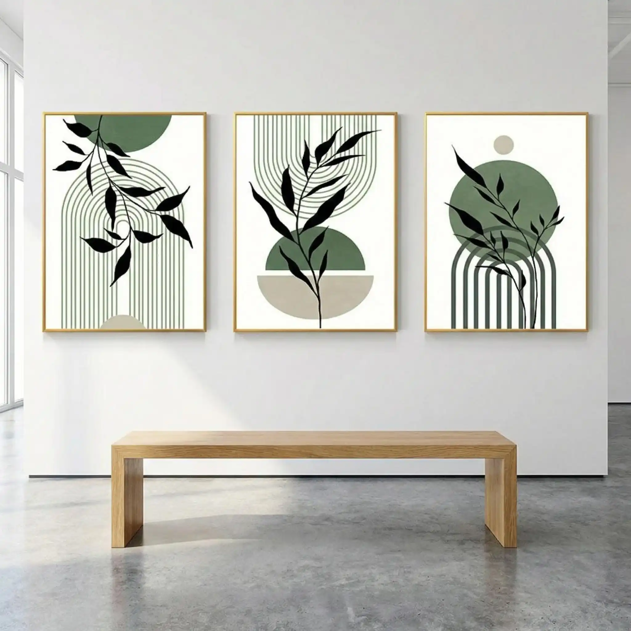 3pcs Sage Green Bohemian-Style Wall Mural Set, Unisex Abstract Plant Print, Living Room/Bedroom Poster Set, Frameless Home Decor