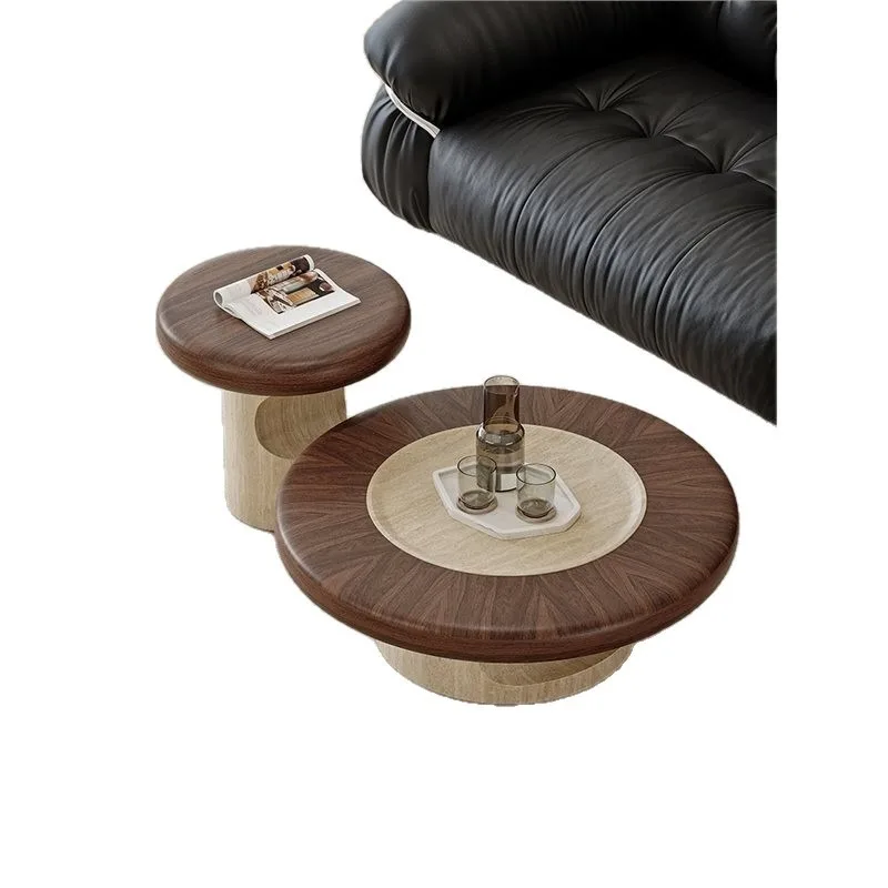Simple modern travertine texture coffee table, living room household round medium antique solid wood edge combination