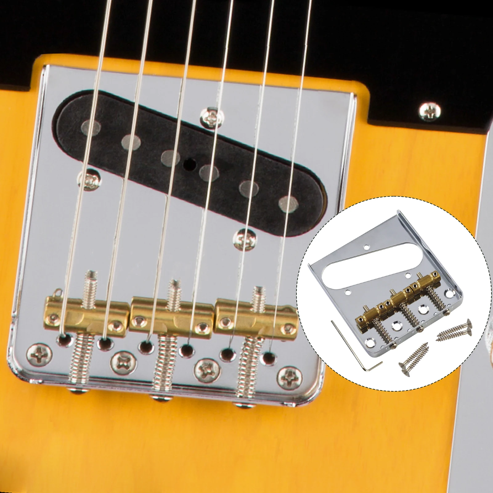 PHRILAM  Vintage Fixed Guitar Bridge with Compensated Brass, 3-Saddle Steel Base Plate, 54mm, Compatible with Vintage TL