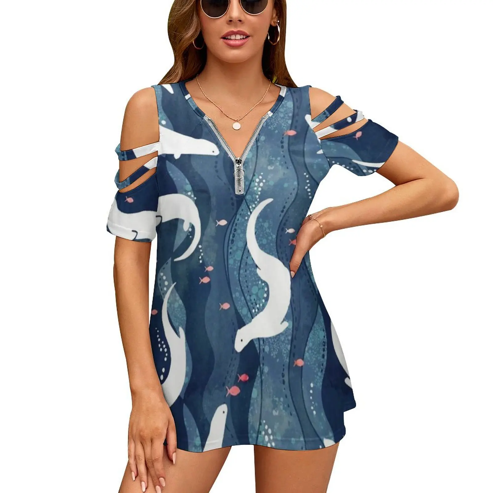 Swimming Otters On Navy Blue Women'S T-Shirt Summer Fashion Print Floral V-Neck Zipper Tshirt Hollow Pullover Ladies Top Adenaj