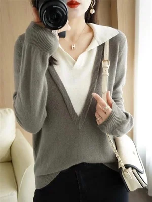 

Qingdao Sle Long Sve V-Ne Knitted T-irt Women's Faion Commute Sle Pullover Color Blo Top Autumn Season