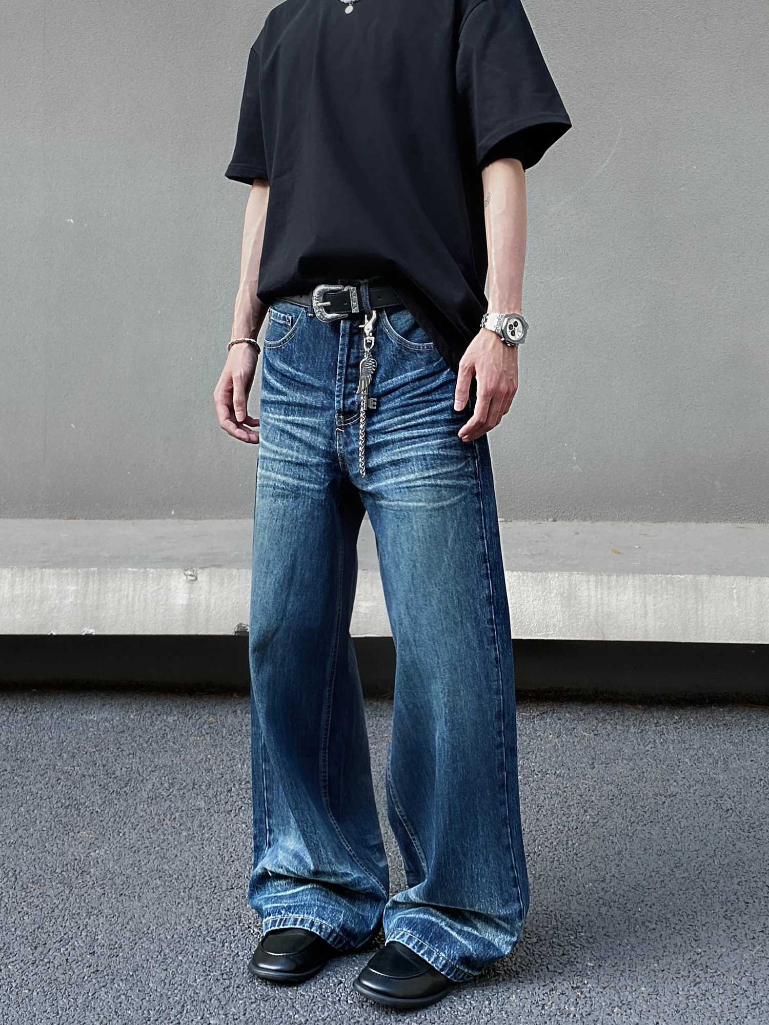 

American Retro Waed Cleanfit 3D Pleated Flared Jeans Men Loose Straight Leg Wide Leg Floor-Length Pants Youth ular