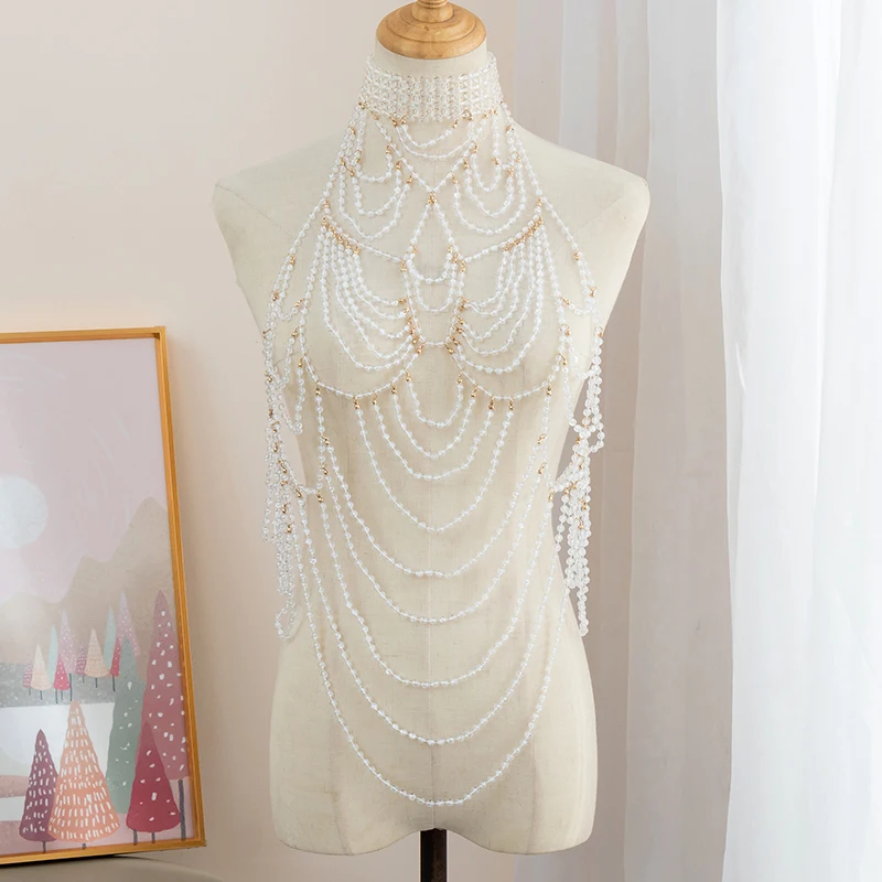

European American Fashion Hollow Chest pearl Wave Shawl Chest Chain Fringe Multi-Layer Wear Body Chain Wedding Dress Jewelry