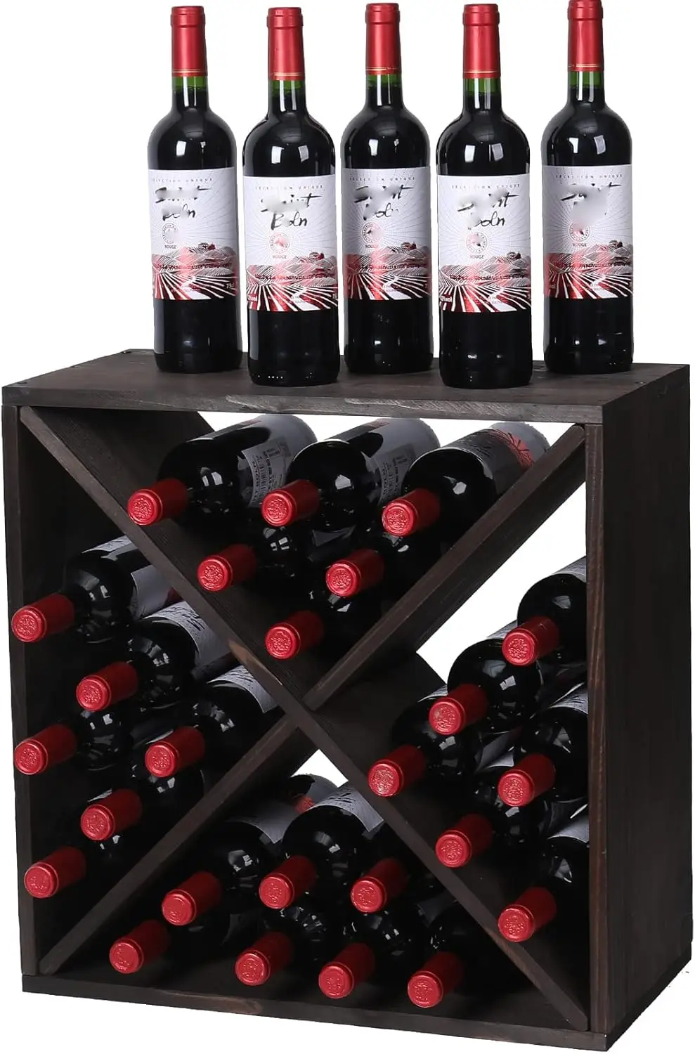 Wine Rack countertop Wooden Stackable Storage Rustic Retro Style Cube 24-Bottle Wooden Wine Rack Wine Cabinet (Dark Brown)