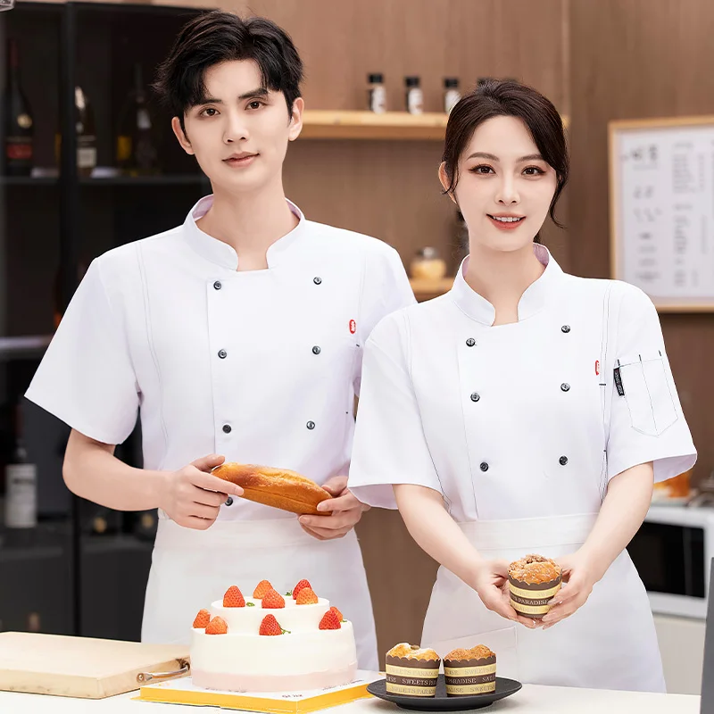 Giacca da cucina doppiopetto a maniche corte Uniforme da cuoco Ristorante Donna Uomo Camicia da cuoco traspirante da forno Abbigliamento da lavoro Bianco