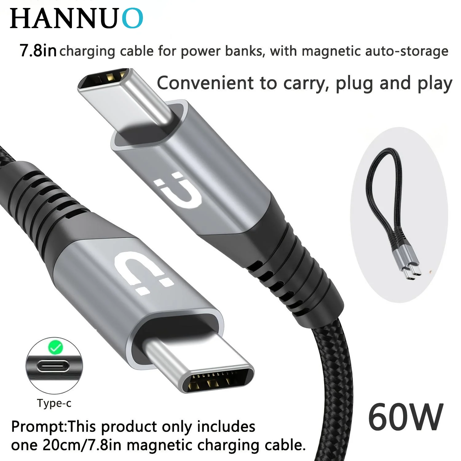 HANNUO 60W Type C to Type C Fast Charging Cable For iPhone Samsung OPPO 25CM/50CM Short USB C Cable Magnetic Braided Cable