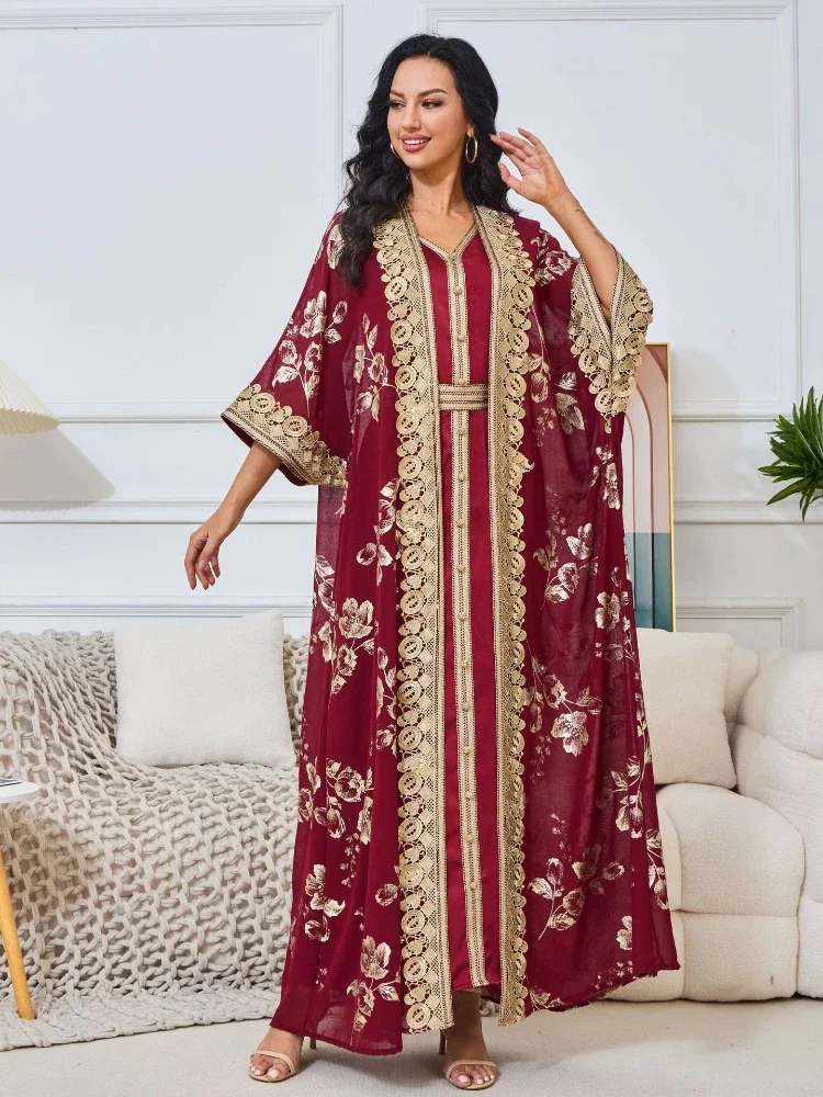 Eid Muslim Suit Women Party Dresses Jalabiya Sashes Vestidos Ramadan Abayas Morocco Dubai Kaftan Islam 2 Piece Set Long Robe