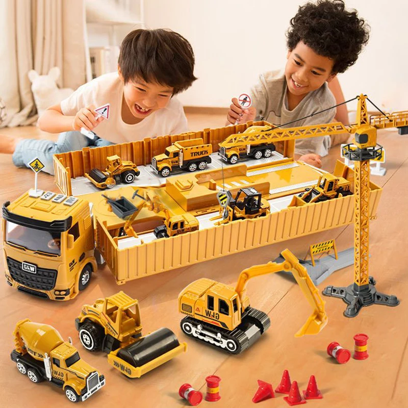 Alloy Engineering Bulldozer Crane Construction Truck Tower Kids Play Excavator Vehicles Cars Set Toys Model Container for Boys