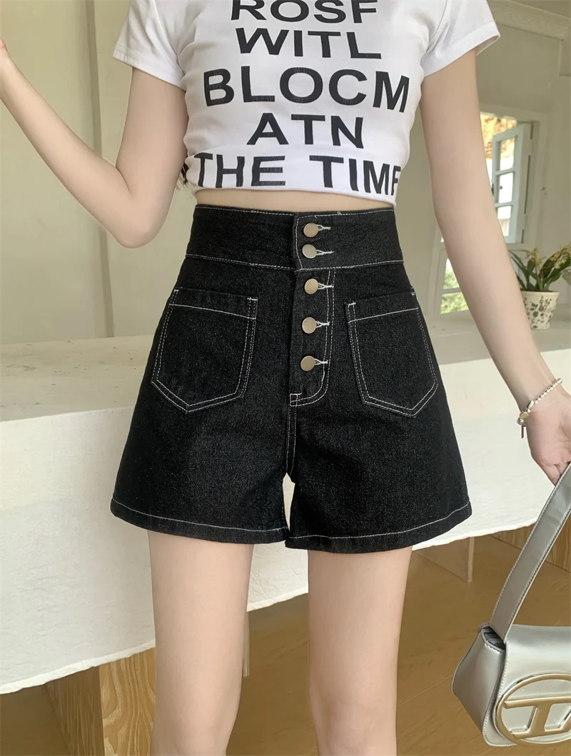 Summer New Open Line Denim Shorts Versatile Slimming Pocket Wide Leg Pants Women's Shorts