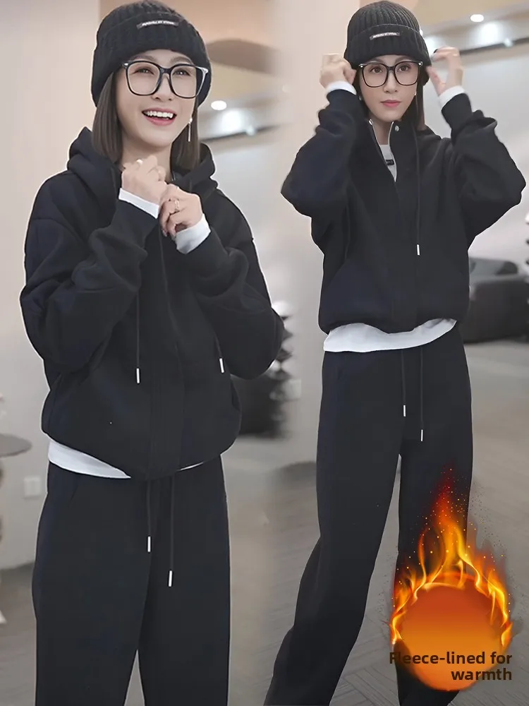 

Women's Fashionable Casual Sportswear Set with Hood Zipper Fleece Long Sleeve Two-Piece Suit Autumn Winter Outerwear Pants