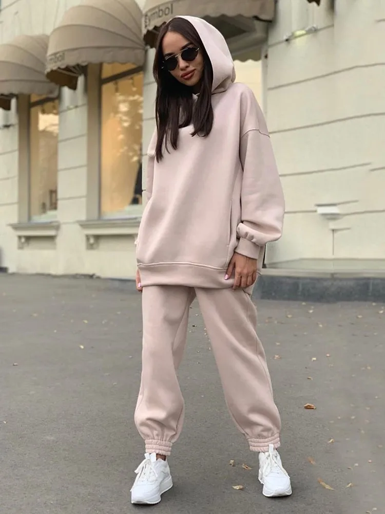 

Fashion Long-sleeved Hooded Sweatshirt Top + Pants 2-piece Set For Women's Autumn Winter Solid Color Casual Sports Suits Female