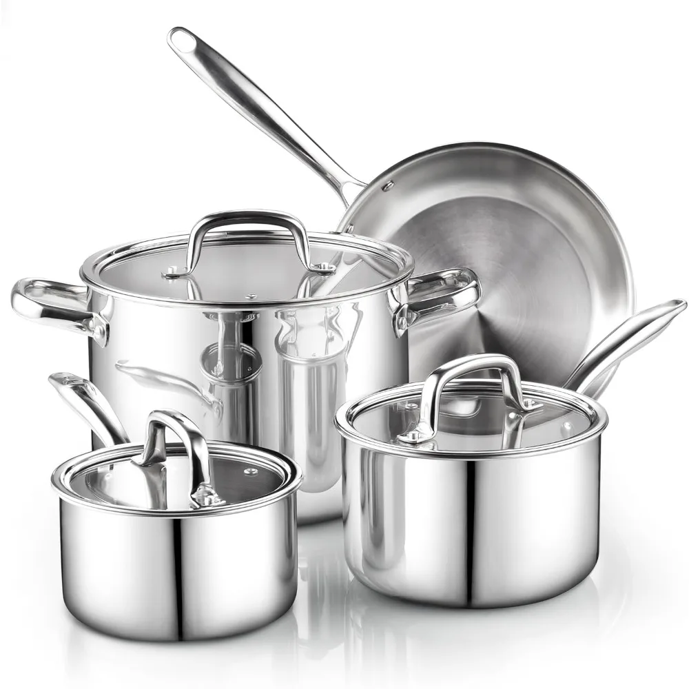 

Pots and Pans Stainless Steel Cooking Set 7-Piece, Tri-Ply Clad Kitchen Cookware Set, Dishwasher Safe, Glass Lid, Silver