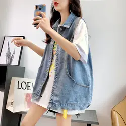 Korean Fashion Button Up Blue Denim Vest for Women Winter Coat Shirt Vintage Clothing Streetwear Sleeveless Clothes Cardigan