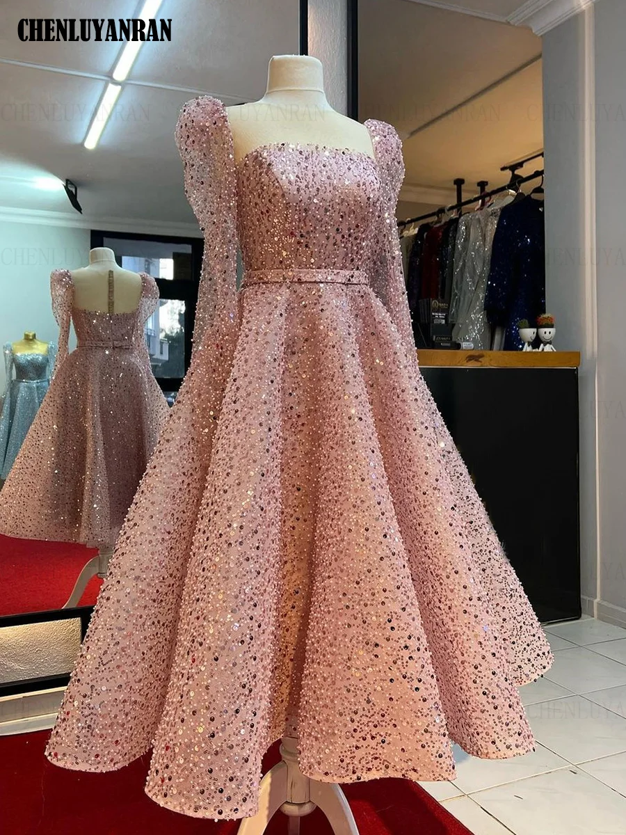 Elegant Dubai Pink Evening Night Dress for Women 2025 O Neck A line Beads Plus Size Customized Formal Prom Wedding Party Gowns