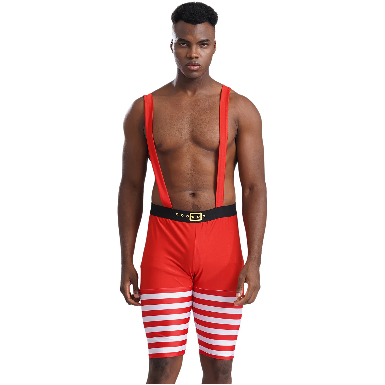 Mens Christmas Striped Suspender Shorts Wide Shoulder Straps Wrestling Singlet Short Jumpsuit New Year Carnival Party Clubwear