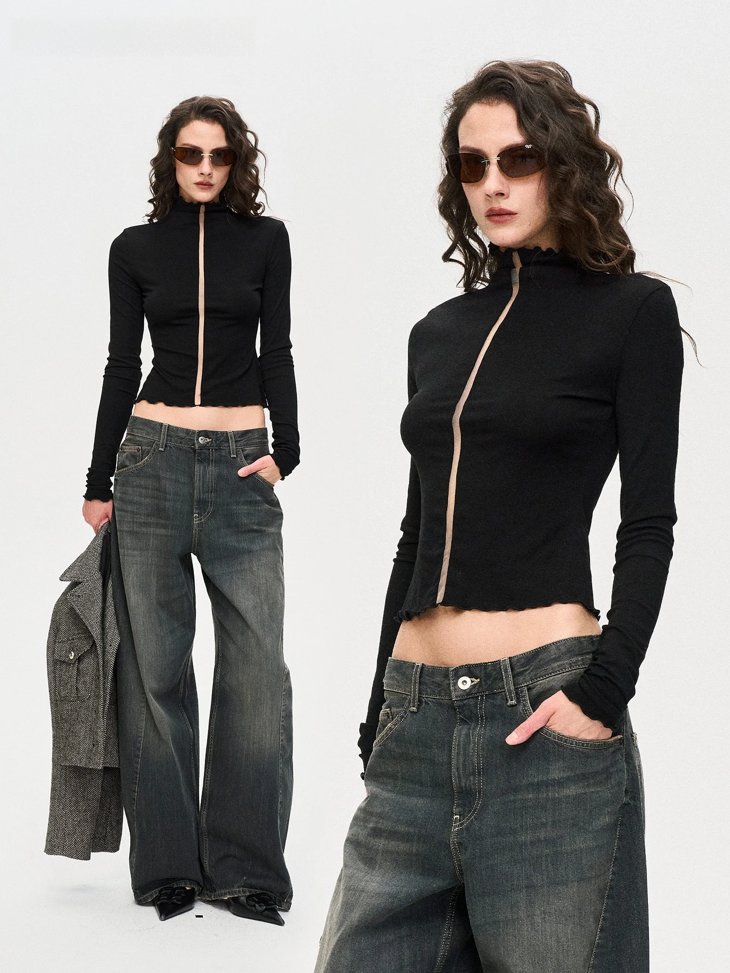 a Kind Ego Autumn New Style Visual Ambiguity Slim Fit Patchwork Mesh Top Atmosphere Sense Dark  Glow Long Sleeve T-Shirt