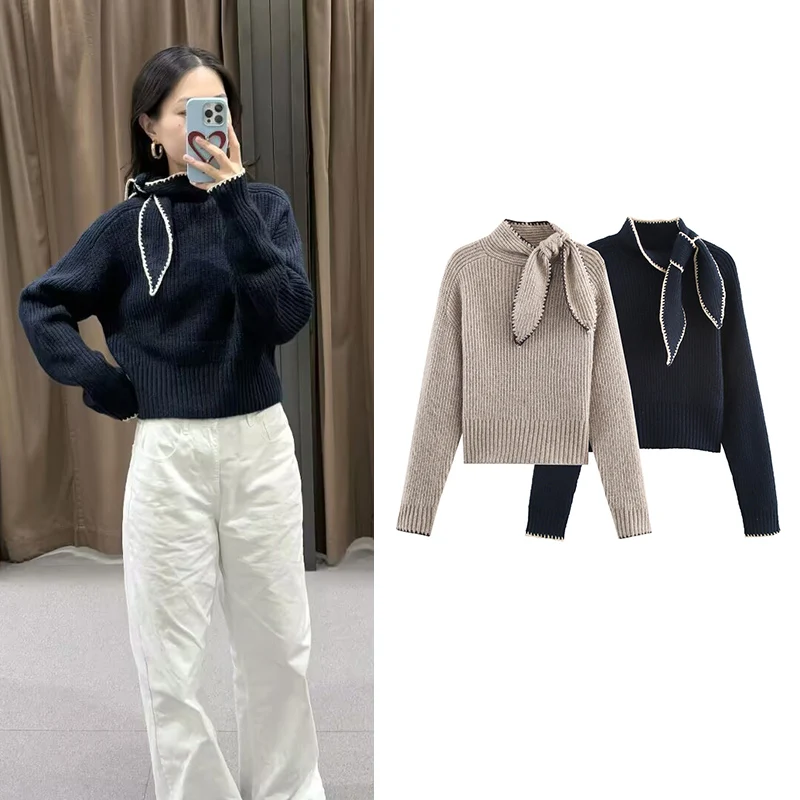 

Пуловер, вязаный свитер, новинка 2026, модный тонкий шарф с воротником, теплый женский свитер, блузки, шикарный молодежный пуловер с длинными рукавами для отдыха