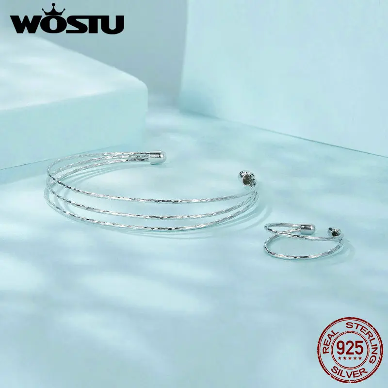 WOSTU 925 Sterling Silver Simple Multi-Layer Opening Ring Bangle Bracelet For Women Adjustable Rings Bracelet Jewelry party Set