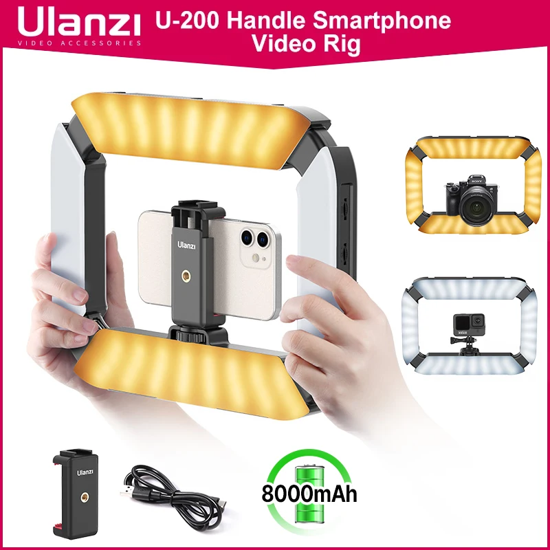 Ulanzi – Smartphone U200 rechargeable, plate-forme vidéo, prise de vue verticale, anneau lumineux LED, lumière vidéo LED, DSLR, poignée pour Smartphone, Vlog