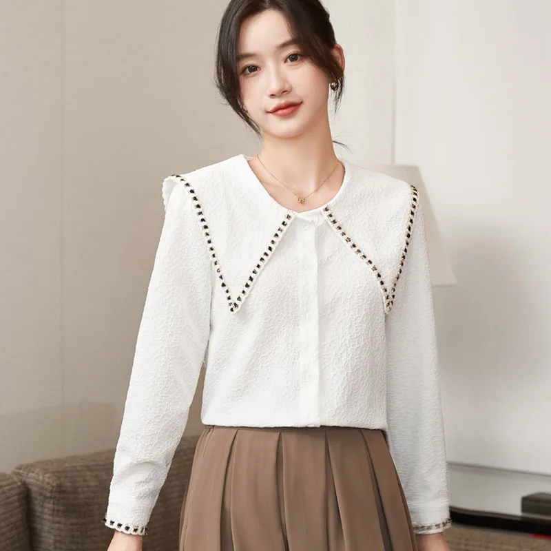 2025 New Fashion Women's Chiffon Blouse High End Large Pointed Collar Jacquard Shirts Female Versatile Stylish Long Sleeve Shirt