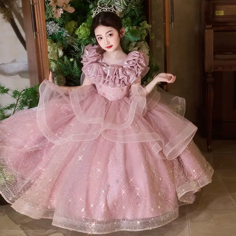 Girls' Summer New High-End Host Birthday Piano Performance Dress Party Fashion Elegant Wedding Princess Dress Gown Clothes